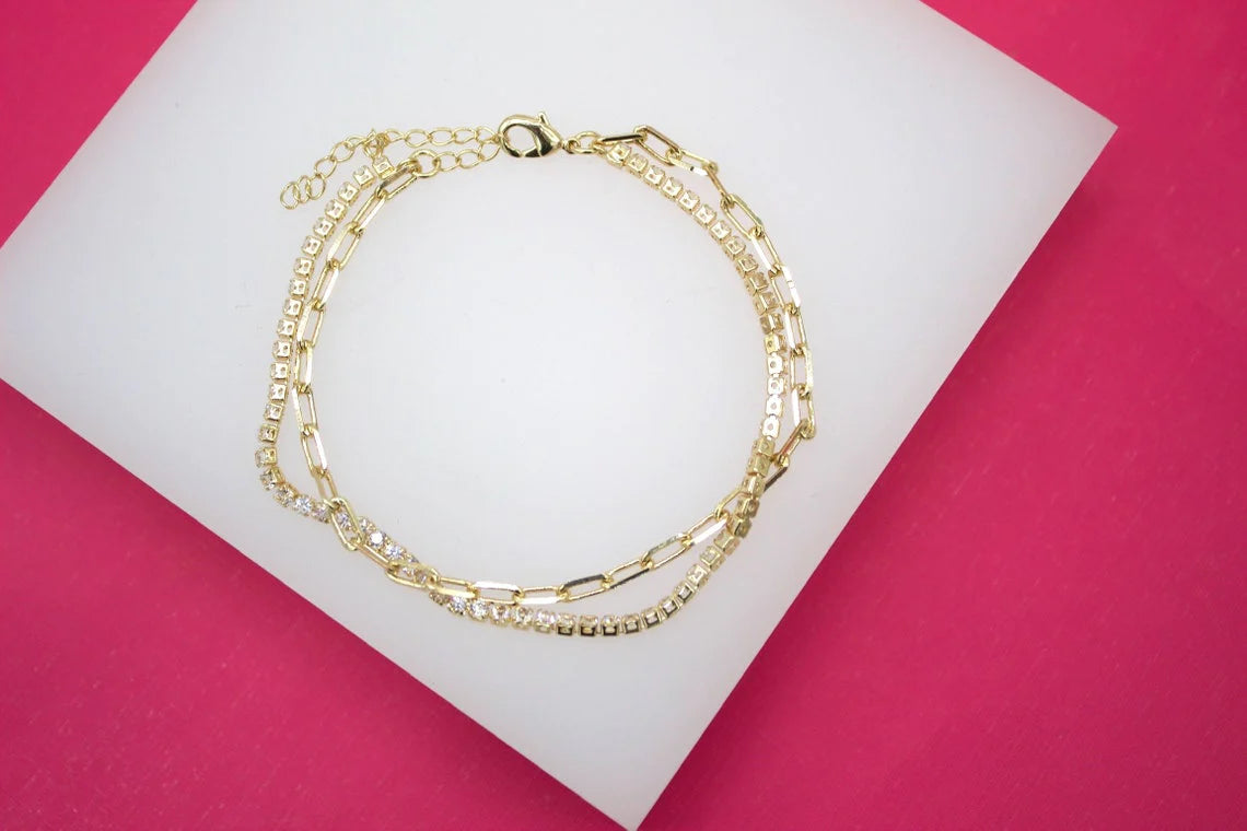 Stacked Clear Round CZ Stones With Paper Clip Chain Bracelet