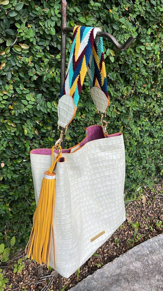 Embossed Off White-Beige Leather Handbag