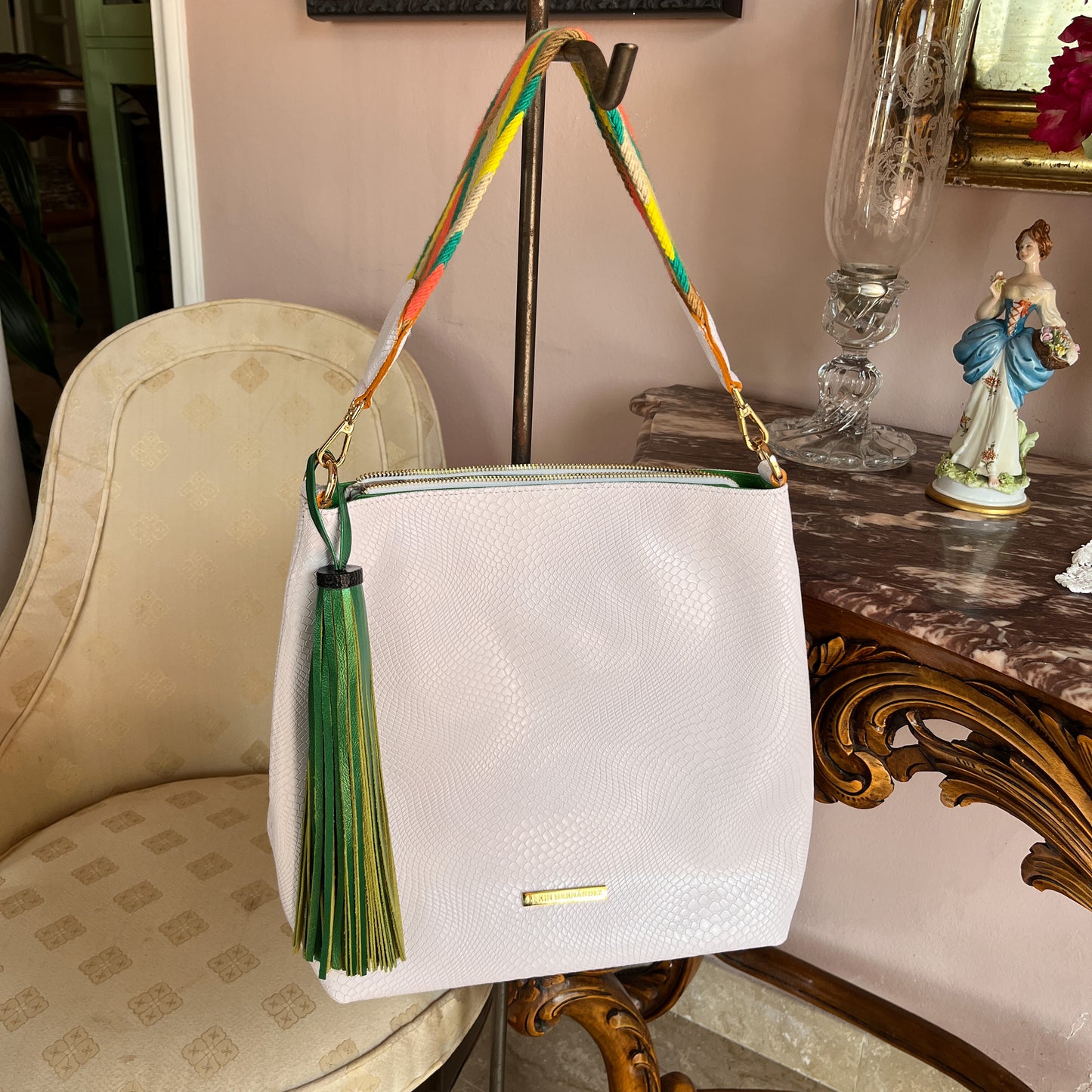 Embossed White Leather Handbag