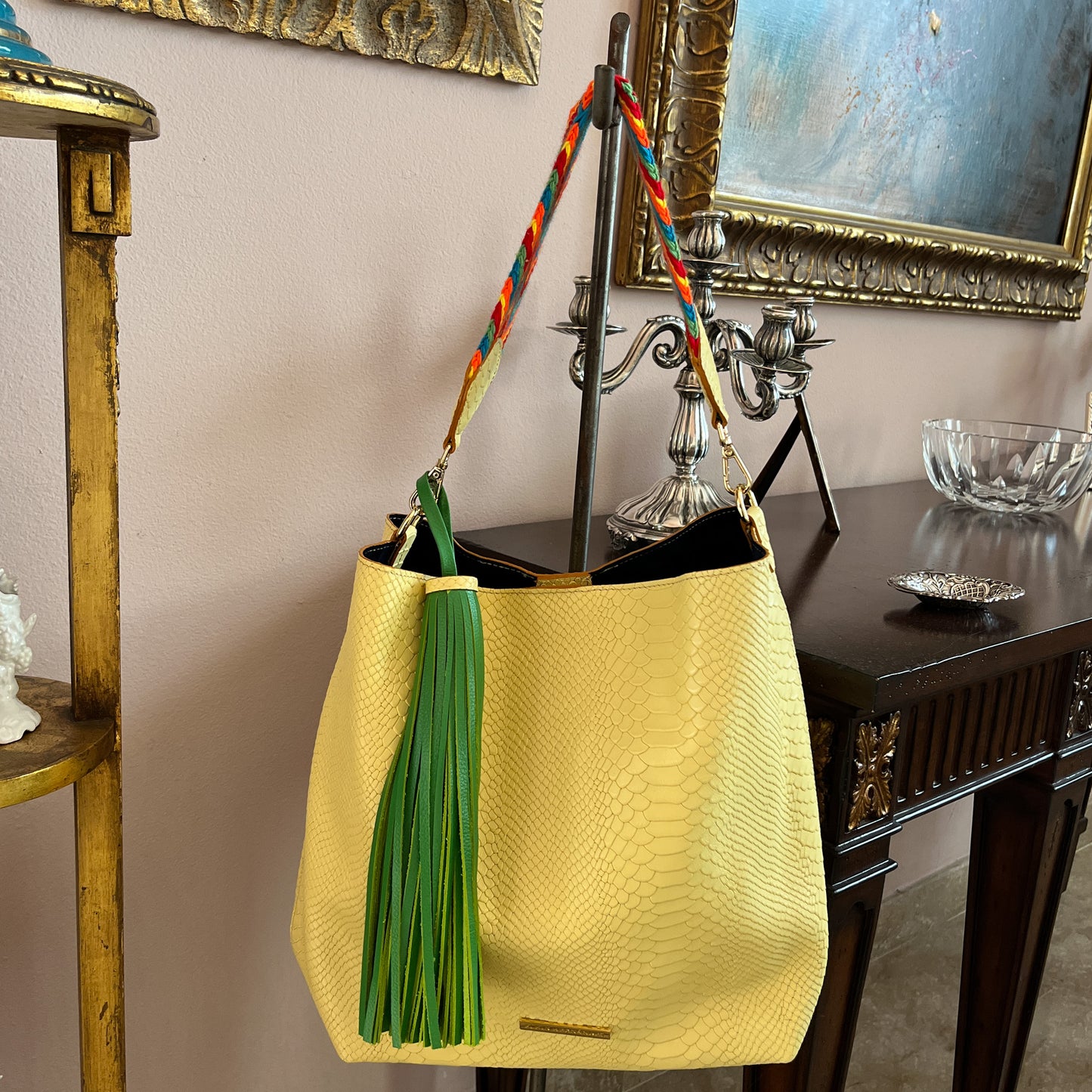 Load image into Gallery viewer, Embossed Yellow Leather Handbag

