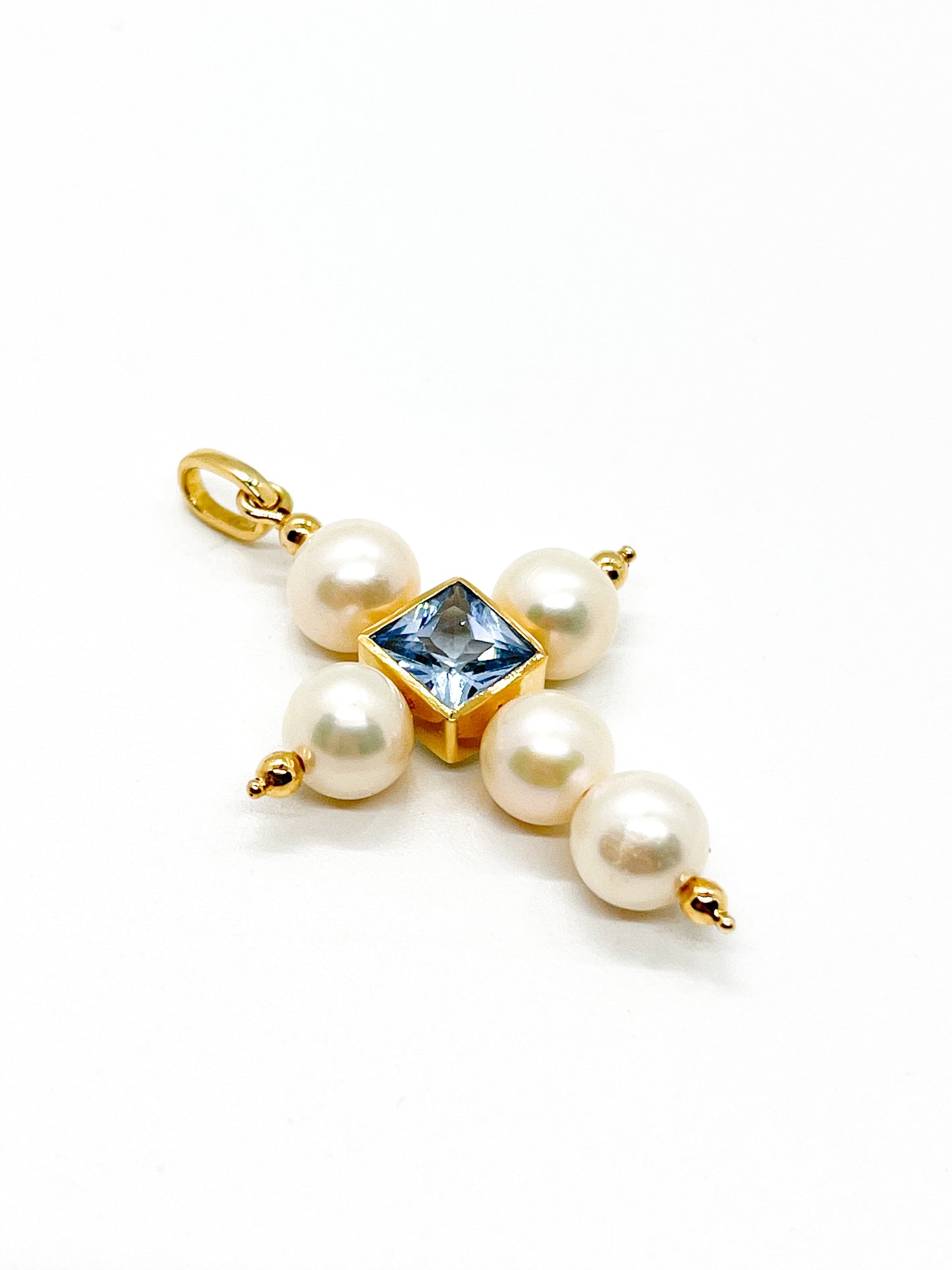 14k Gold Pearl Cross with Aquamarine Stone Pendant