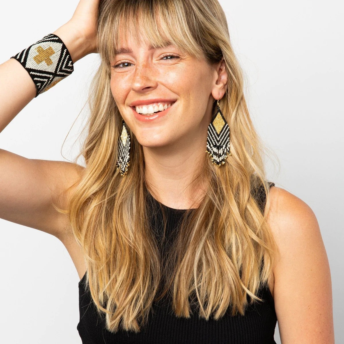 Load image into Gallery viewer, Maeve Black and Gold Fringe Earrings
