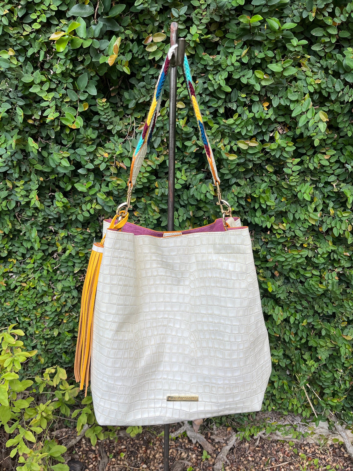 Embossed Off White-Beige Leather Handbag