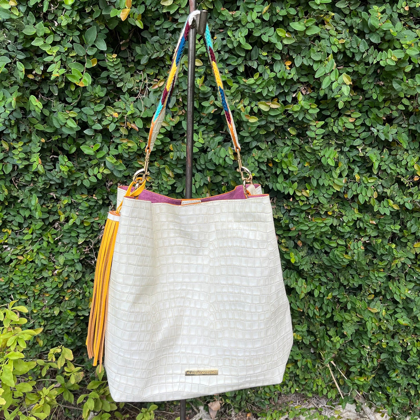 Embossed Off White-Beige Leather Handbag