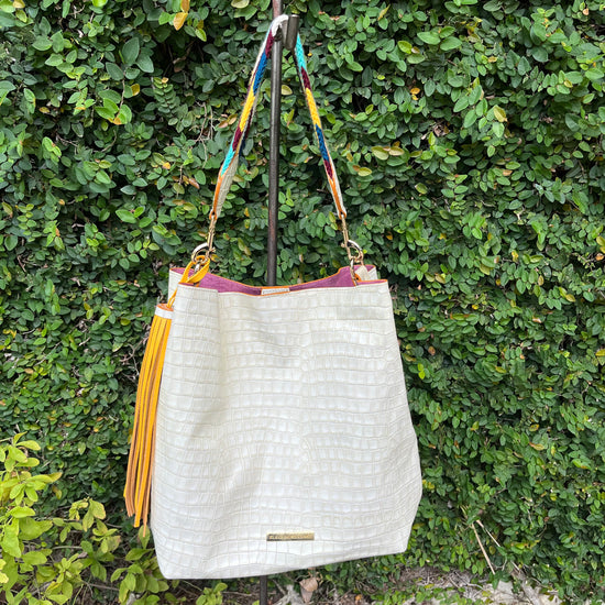Embossed Off White-Beige Leather Handbag