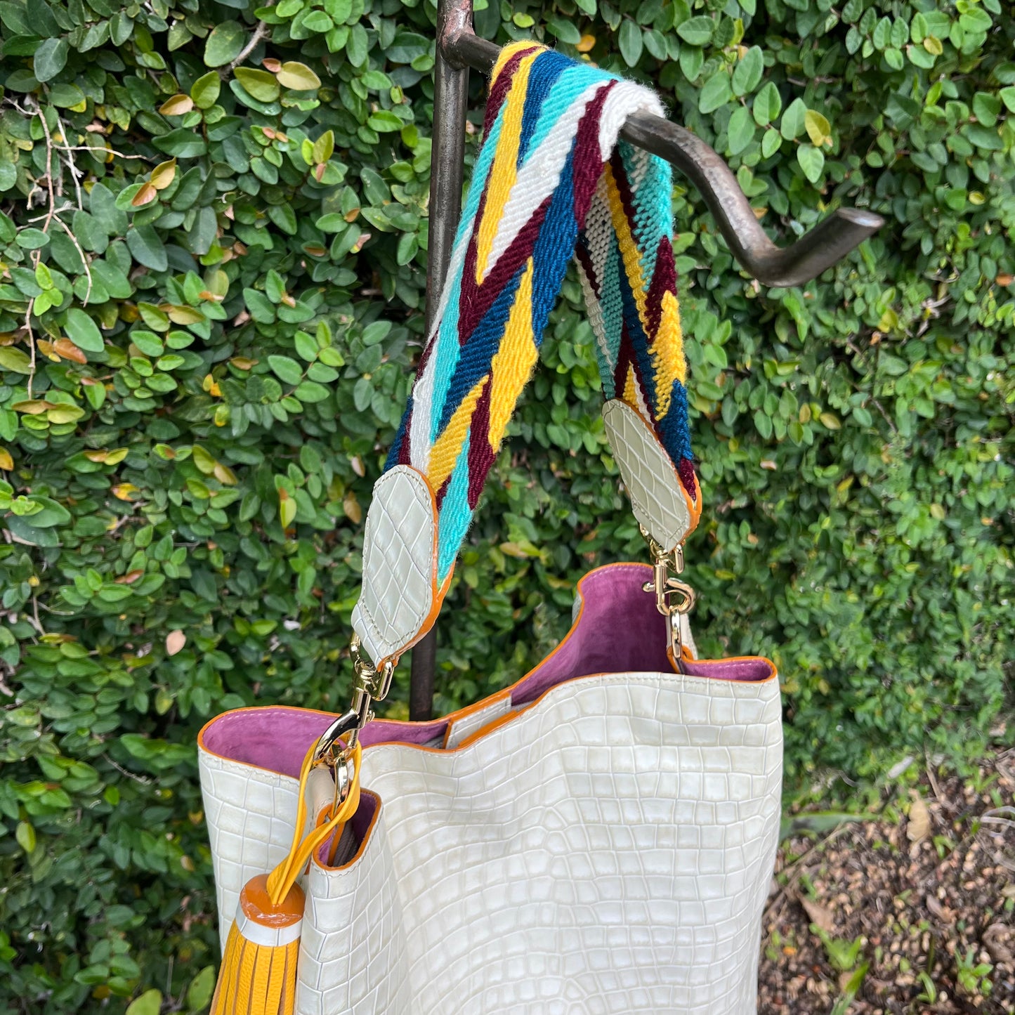 Embossed Off White-Beige Leather Handbag
