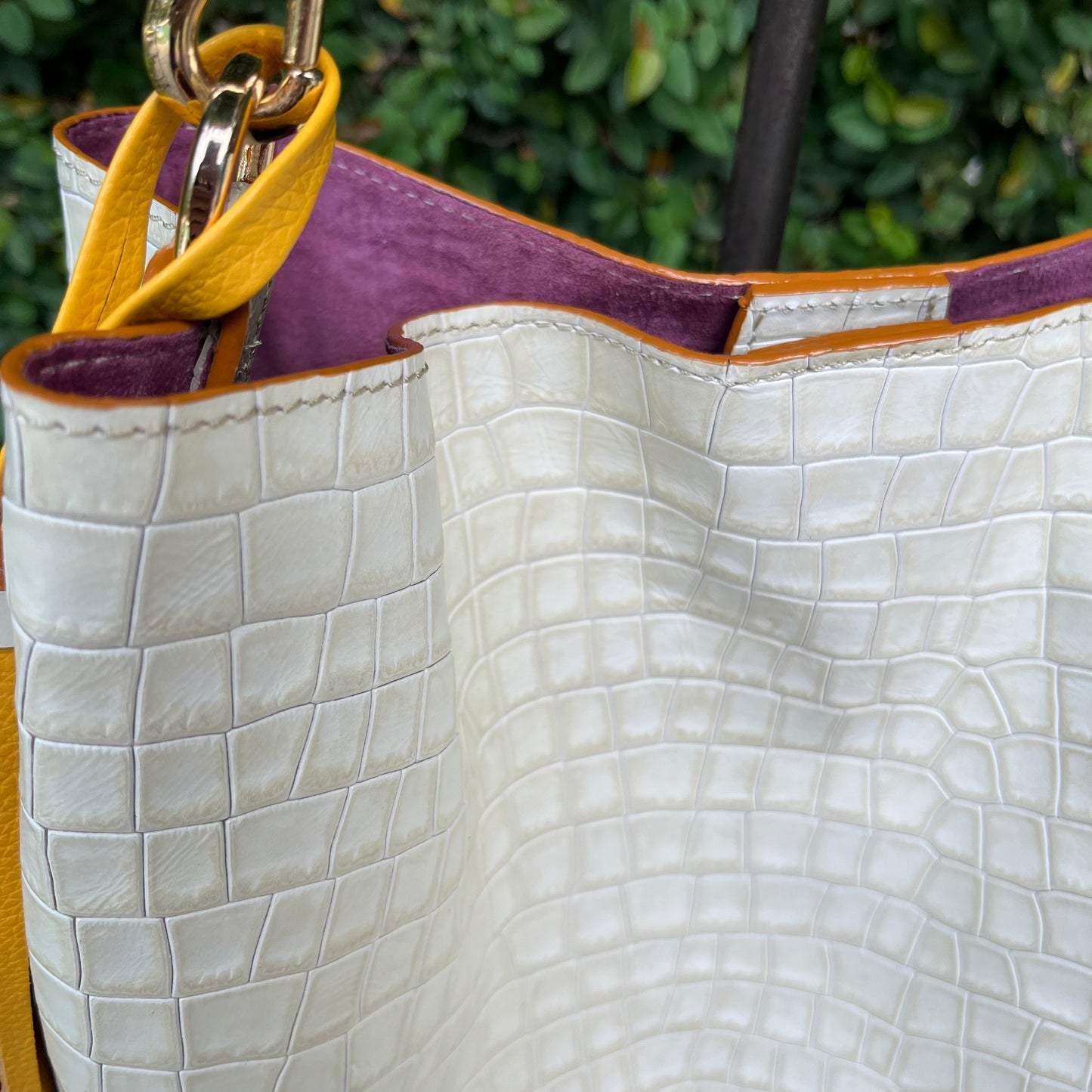 Embossed Off White-Beige Leather Handbag