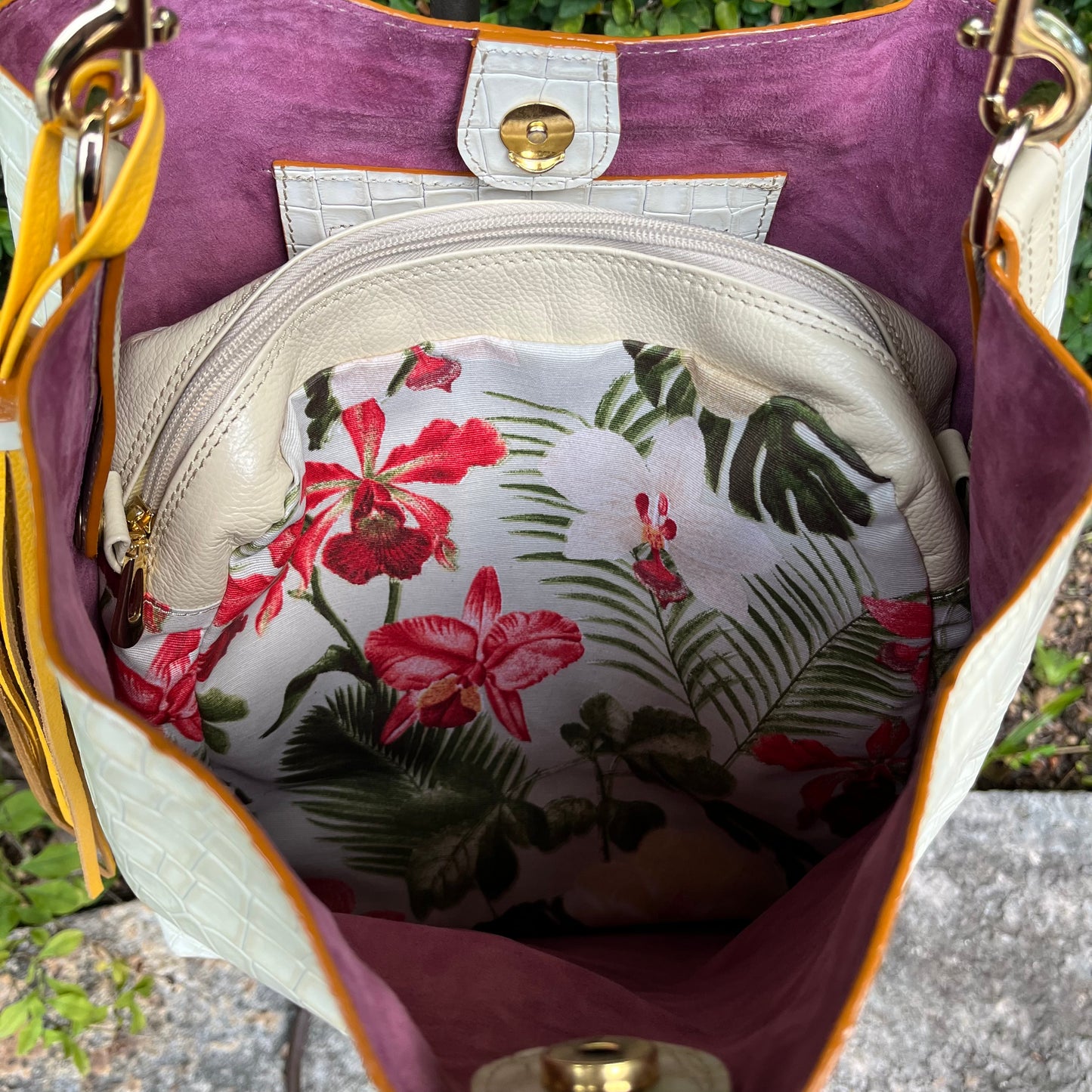 Embossed Off White-Beige Leather Handbag