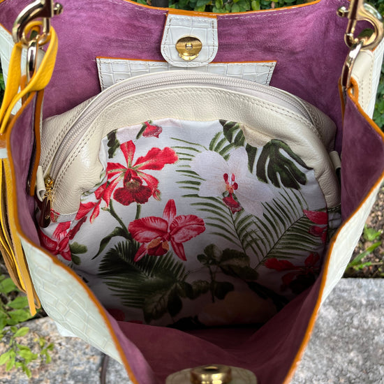 Embossed Off White-Beige Leather Handbag