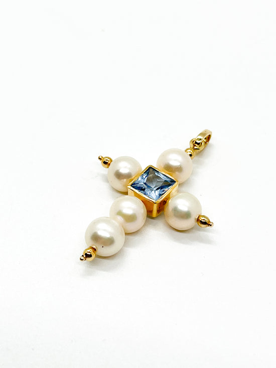 14k Gold Pearl Cross with Aquamarine Stone Pendant