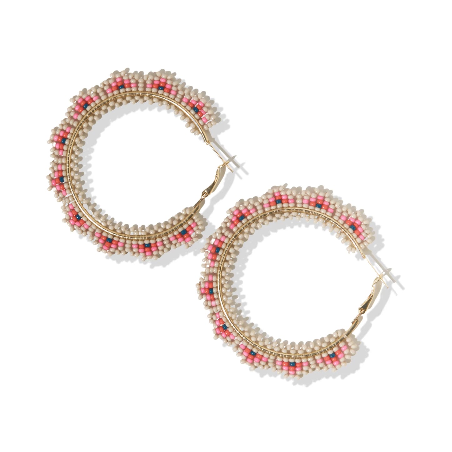 Nana Ivory Coral Pink Crochet Hoop Leverback Earrings