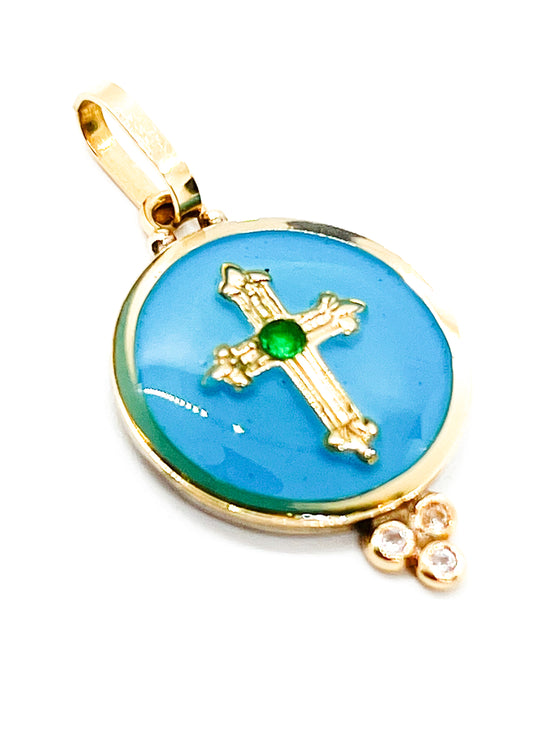 Load image into Gallery viewer, 14K Gold Medal Emerald Cross
